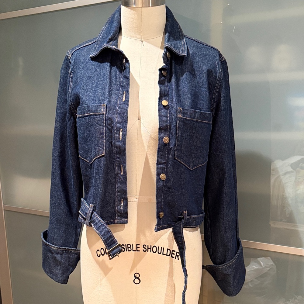 Denim Jacket dark with Belt. Large cuffs on sleeves. Shirt/jacket
